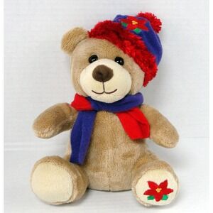 Walmart Teddy Bear Plush Christmas Poinsettia Toboggan Hat Scarf Holiday Tan 9"